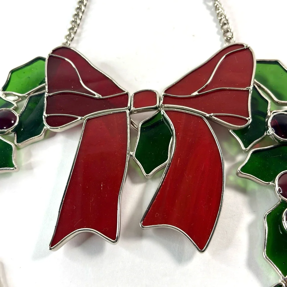 Stained Glass Christmas Holly Berry Wreath w Bow 9” Hanging Window Suncatcher